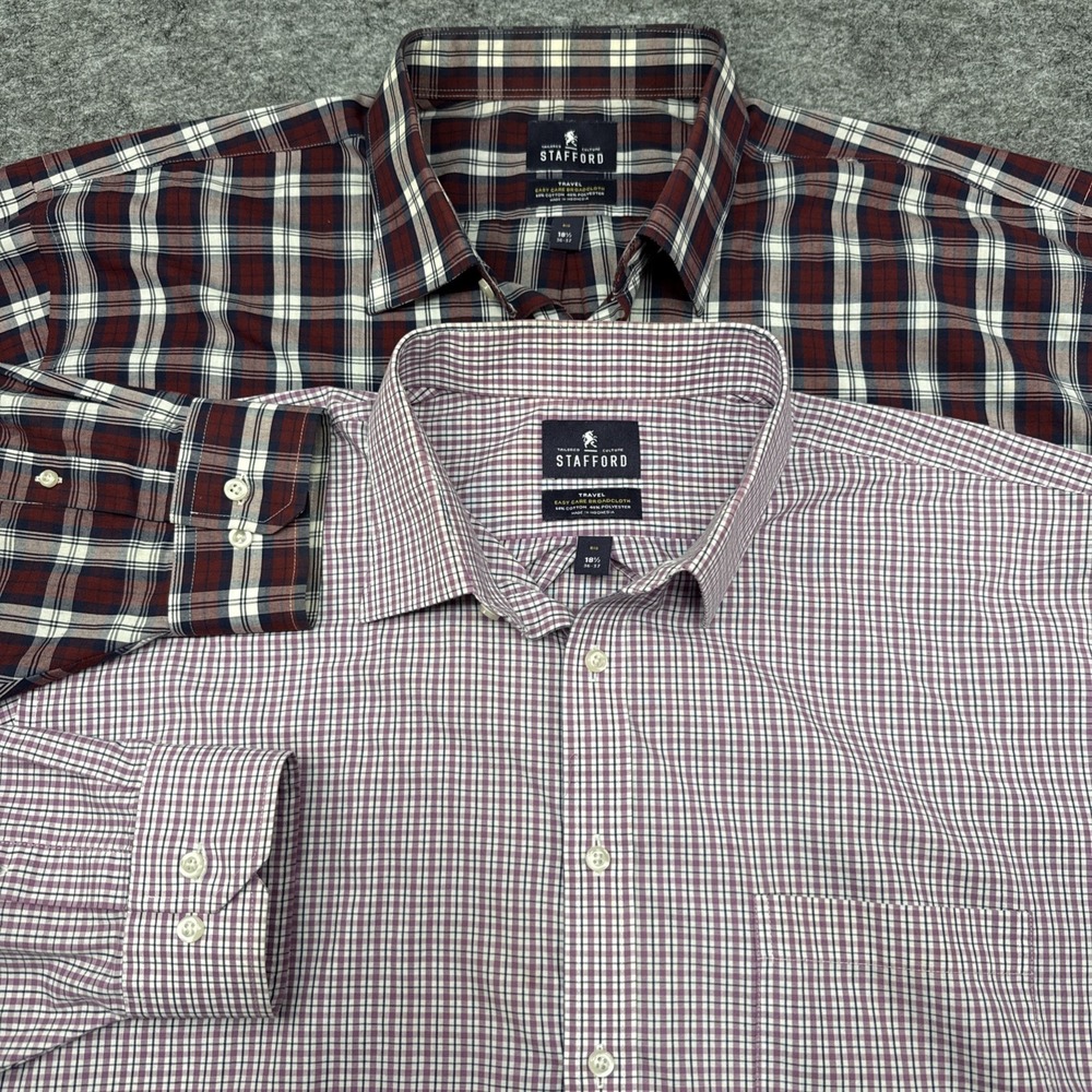Stafford Travel Easy Care Broadcloth shirts LOT of 2 men's Big 18.5 36-37 plaid